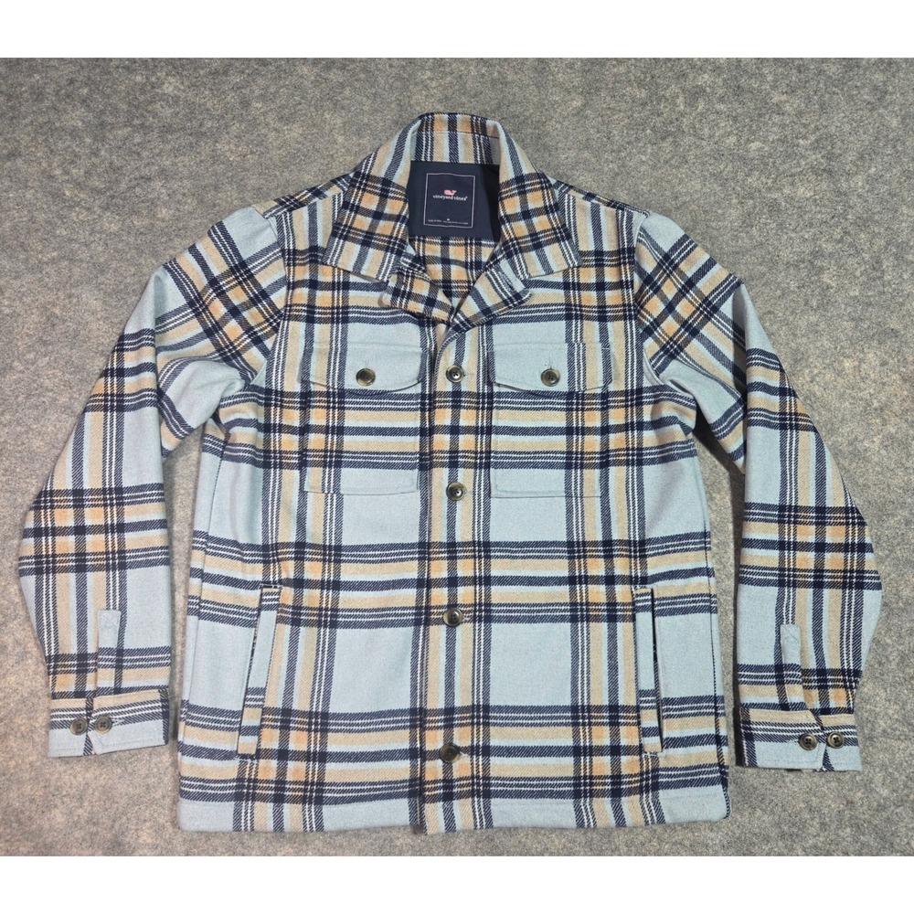 Vineyard Vines Mens Plaid Wool Blend Shirt Jacket Blue Tan Medium Shacket